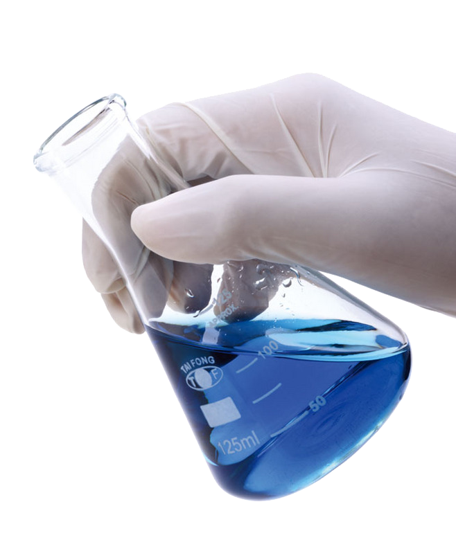 Gloved hand holding a flask of blue reagent